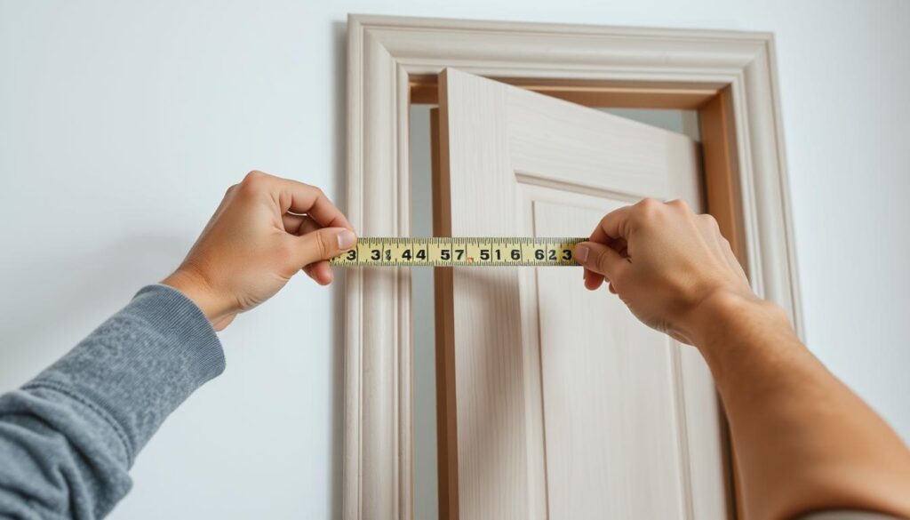 A well-lit, close-up view of a person's hands carefully measuring the width and height of a wooden door frame with a tape measure. The door is in a neutral, muted color scheme, perhaps light gray or beige, providing a clean, minimalist background. The focus is on the precise, methodical process of taking the measurements, with the tape measure clearly visible and the fingers gently holding it in place. The lighting is soft and even, creating a sense of clarity and attention to detail. The overall composition highlights the importance of accurately measuring doors to ensure a proper fit within the frame.