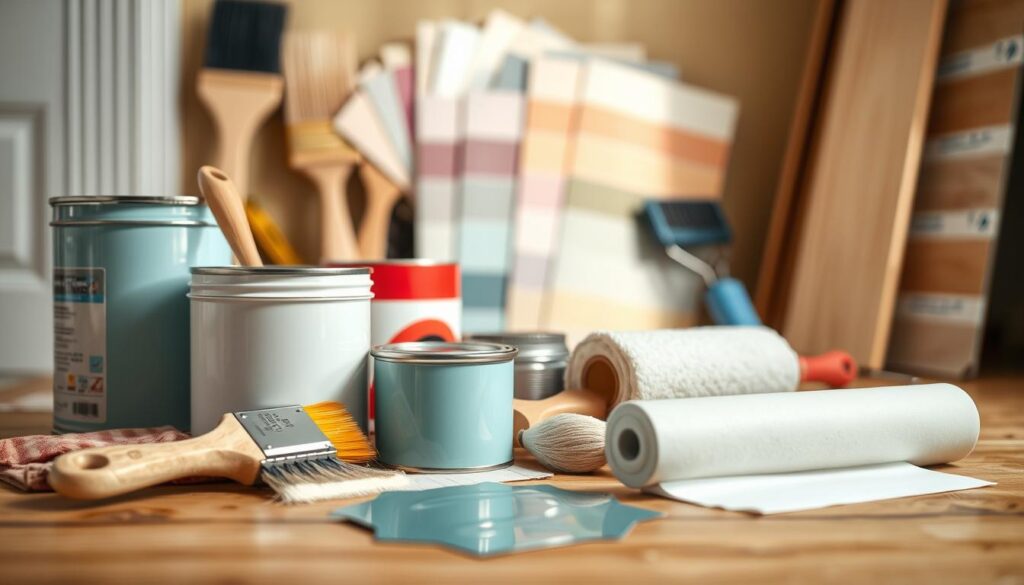 A well-lit, close-up view of an assortment of paint cans, brushes, and rollers arranged on a wooden surface, with a variety of paint color swatches in the background. The scene conveys a sense of preparation and anticipation, hinting at the upcoming task of painting a door. The lighting is soft and natural, creating a warm and inviting atmosphere. The focus is on the tools and materials, emphasizing the importance of proper preparation and technique in the painting process.