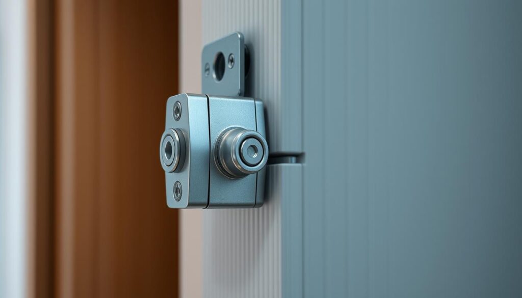 A well-lit, close-up view of the side-mounted sliding door hardware on a modern wardrobe. The focus is on the position adjusters, or "pozycjonerów", which control the precise positioning and smooth gliding motion of the sliding doors. The adjusters are made of high-quality metal, with intricate mechanical components visible. The lighting accentuates the textures and shadows, giving a sense of depth and technical sophistication. The background is clean and uncluttered, allowing the hardware to be the central subject. The overall composition conveys the importance of these small but crucial components in the proper installation and operation of sliding wardrobe doors. A well-lit, close-up view of the side-mounted sliding door hardware on a modern wardrobe. The focus is on the position adjusters, or "pozycjonerów", which control the precise positioning and smooth gliding motion of the sliding doors. The adjusters are made of high-quality metal, with intricate mechanical components visible. The lighting accentuates the textures and shadows, giving a sense of depth and technical sophistication. The background is clean and uncluttered, allowing the hardware to be the central subject. The overall composition conveys the importance of these small but crucial components in the proper installation and operation of sliding wardrobe doors.