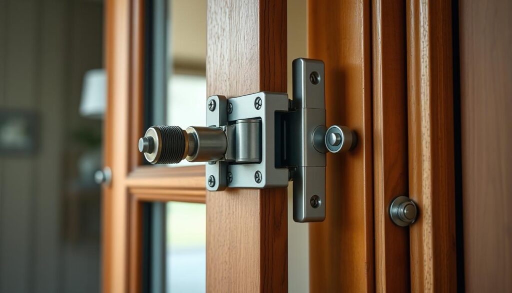 A well-lit, detailed close-up of a residential front door with a wooden frame and glass panes. The door is slightly ajar, revealing a hint of the interior. Numerous adjustable metal components, such as hinges, latches, and weatherstripping, are visible, showcasing the intricate mechanisms that allow for fine-tuning the door's alignment and sealing. The focus is on these adjustable elements, captured at an angle that highlights their purpose and functionality. The overall composition conveys a sense of precision, control, and the ability to optimize the door's performance for a snug, energy-efficient fit.