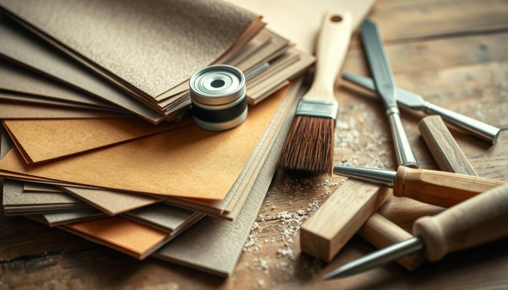 A well-lit, detailed close-up shot of various materials commonly used for finishing and refurbishing interior doors: a bundle of sandpaper sheets in different grits, a small can of wood stain, a paintbrush, a wood filler tube, a chisel, and a set of woodworking files. The objects are arranged neatly on a wooden surface, with a soft, natural lighting illuminating the textures and colors. The overall composition conveys a sense of craftsmanship, precision, and the necessary tools for transforming and maintaining the appearance of interior doors.