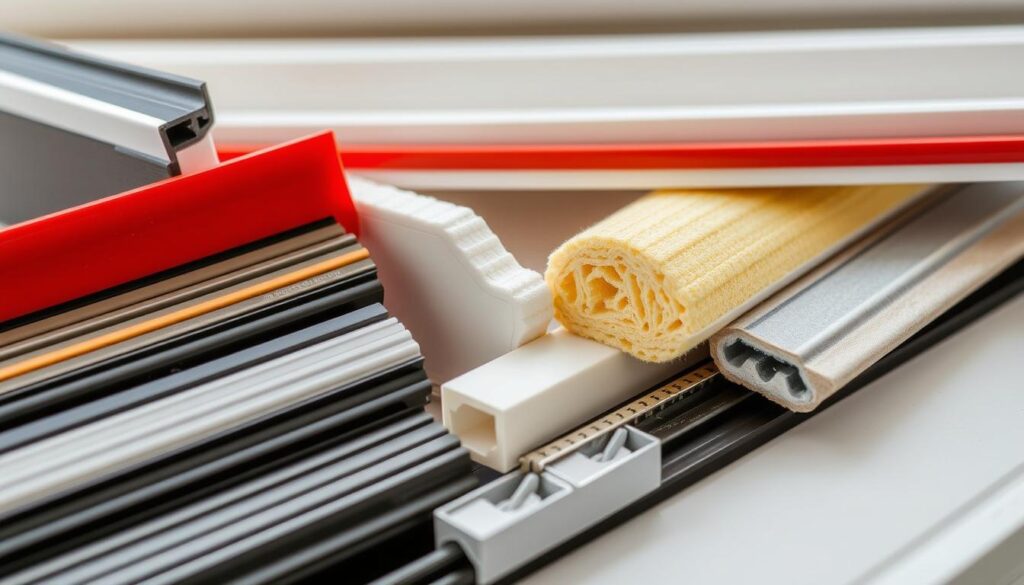 A well-lit, detailed close-up view of various materials and solutions for sealing balcony doors, including weatherstripping, foam sealants, door sweeps, and other insulation products. The image should showcase the textures, colors, and installation methods of these different sealing techniques, providing a comprehensive visual reference for the article's "Metody uszczelniania drzwi balkonowych" section. The lighting should be bright and neutral, highlighting the technical aspects of the materials. The composition should be organized and structured, with the different sealing solutions arranged in a visually appealing manner to aid in the reader's understanding of the available options.