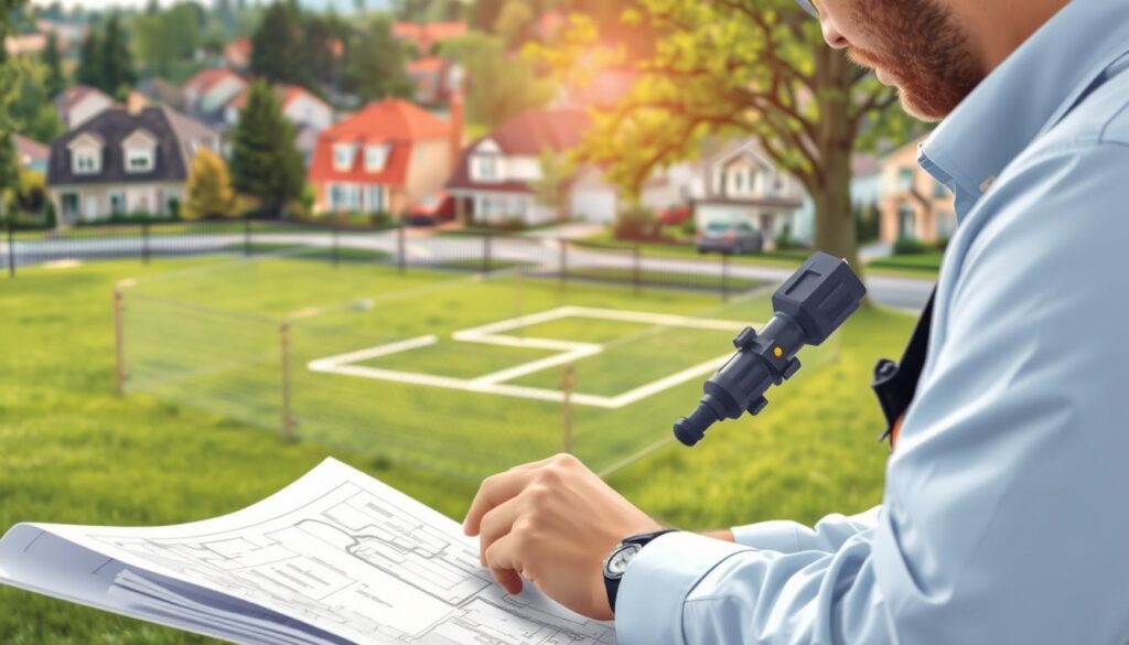 A well-lit, detailed illustration of a land surveyor evaluating a subdivided plot of land. The foreground features the surveyor carefully examining survey maps and documents, with a focus on the division of the property. In the middle ground, the fenced-off plot of land is visible, with clear delineation of the proposed new lot boundaries. The background showcases a suburban residential neighborhood, hinting at the context and value of the land being divided. The scene conveys a sense of precision, professionalism, and the complexities involved in the process of subdividing a property. A well-lit, detailed illustration of a land surveyor evaluating a subdivided plot of land. The foreground features the surveyor carefully examining survey maps and documents, with a focus on the division of the property. In the middle ground, the fenced-off plot of land is visible, with clear delineation of the proposed new lot boundaries. The background showcases a suburban residential neighborhood, hinting at the context and value of the land being divided. The scene conveys a sense of precision, professionalism, and the complexities involved in the process of subdividing a property.