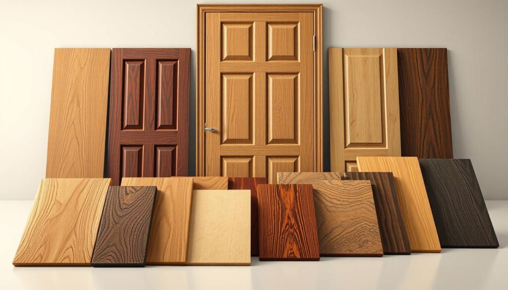 A well-lit, detailed illustration showcasing an array of high-quality interior door materials. In the foreground, prominent samples of various wood grains, including oak, maple, and mahogany, highlighting their distinct textures and tones. In the middle ground, close-up views of premium finishes such as lacquered, stained, and veneered surfaces, emphasizing the visual appeal and durability. In the background, a subtle, neutral-toned studio setting provides a clean, professional backdrop, allowing the materials to take center stage. The overall composition conveys a sense of craftsmanship, highlighting the factors that influence the pricing and quality of interior doors. A well-lit, detailed illustration showcasing an array of high-quality interior door materials. In the foreground, prominent samples of various wood grains, including oak, maple, and mahogany, highlighting their distinct textures and tones. In the middle ground, close-up views of premium finishes such as lacquered, stained, and veneered surfaces, emphasizing the visual appeal and durability. In the background, a subtle, neutral-toned studio setting provides a clean, professional backdrop, allowing the materials to take center stage. The overall composition conveys a sense of craftsmanship, highlighting the factors that influence the pricing and quality of interior doors.