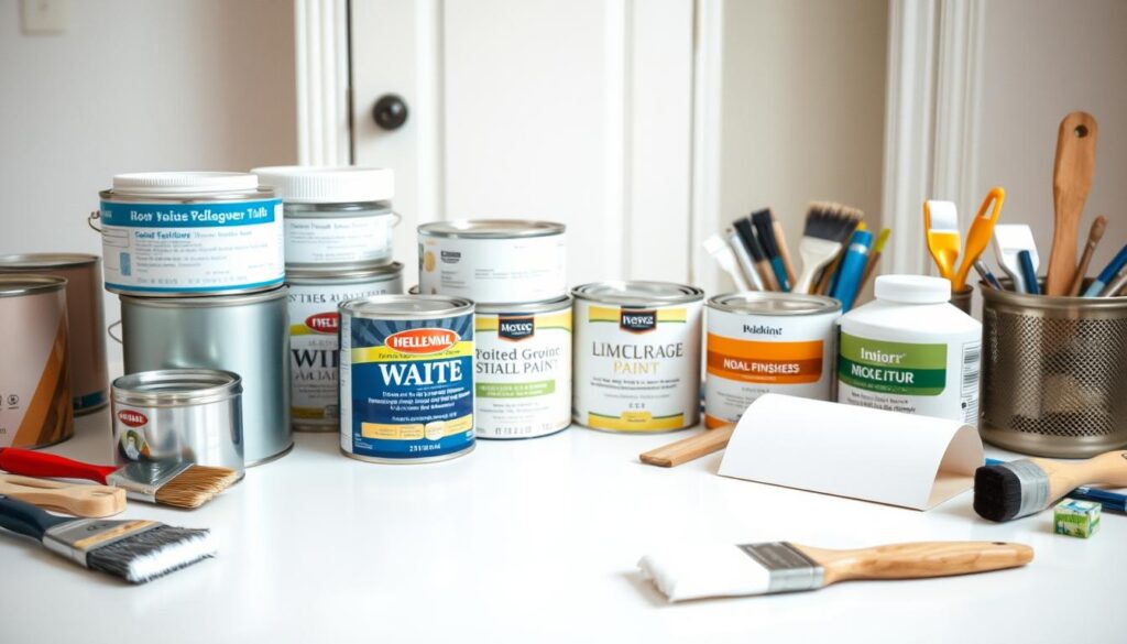 A well-lit, detailed image of various specialty paints and painting accessories, neatly arranged on a clean, light-colored surface. The foreground showcases a selection of cans, brushes, and other tools, arranged in an aesthetically pleasing composition. The middle ground features a range of paint colors, including white, eggshell, and specialty finishes, highlighting their unique properties and potential uses. The background is softly blurred, creating a sense of depth and focus on the subject matter. The overall mood is professional, informative, and visually appealing, reflecting the topic of the article's section on specialized paints and ready-to-use solutions for interior door painting. A well-lit, detailed image of various specialty paints and painting accessories, neatly arranged on a clean, light-colored surface. The foreground showcases a selection of cans, brushes, and other tools, arranged in an aesthetically pleasing composition. The middle ground features a range of paint colors, including white, eggshell, and specialty finishes, highlighting their unique properties and potential uses. The background is softly blurred, creating a sense of depth and focus on the subject matter. The overall mood is professional, informative, and visually appealing, reflecting the topic of the article's section on specialized paints and ready-to-use solutions for interior door painting.