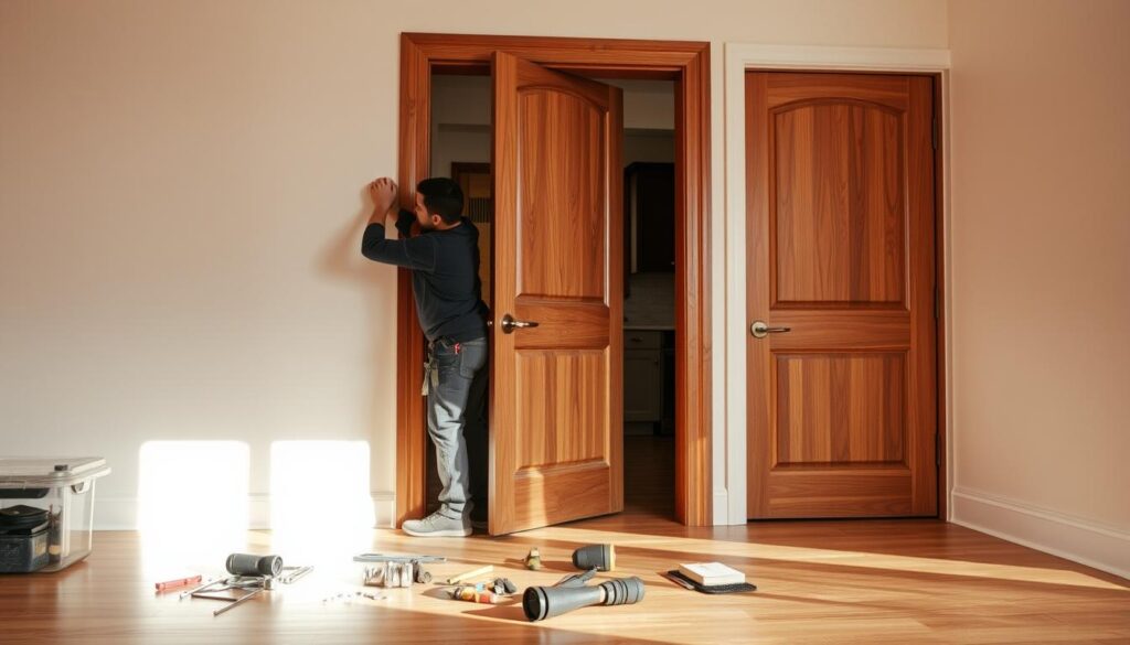 A well-lit, detailed interior scene showcasing the installation process of a modern, wooden door. The foreground features a skilled technician meticulously measuring and aligning the door frame, ensuring a precise fit. In the middle ground, tools and hardware lay neatly organized, highlighting the care and attention required for a professional installation. The background subtly depicts the surrounding room, with neutral-toned walls and hardwood flooring, creating a sense of the broader context. The lighting is warm and natural, casting soft shadows that accentuate the textures and materials. The overall mood is one of competence, professionalism, and attention to detail, reflecting the care and expertise required for a successful door installation. A well-lit, detailed interior scene showcasing the installation process of a modern, wooden door. The foreground features a skilled technician meticulously measuring and aligning the door frame, ensuring a precise fit. In the middle ground, tools and hardware lay neatly organized, highlighting the care and attention required for a professional installation. The background subtly depicts the surrounding room, with neutral-toned walls and hardwood flooring, creating a sense of the broader context. The lighting is warm and natural, casting soft shadows that accentuate the textures and materials. The overall mood is one of competence, professionalism, and attention to detail, reflecting the care and expertise required for a successful door installation.