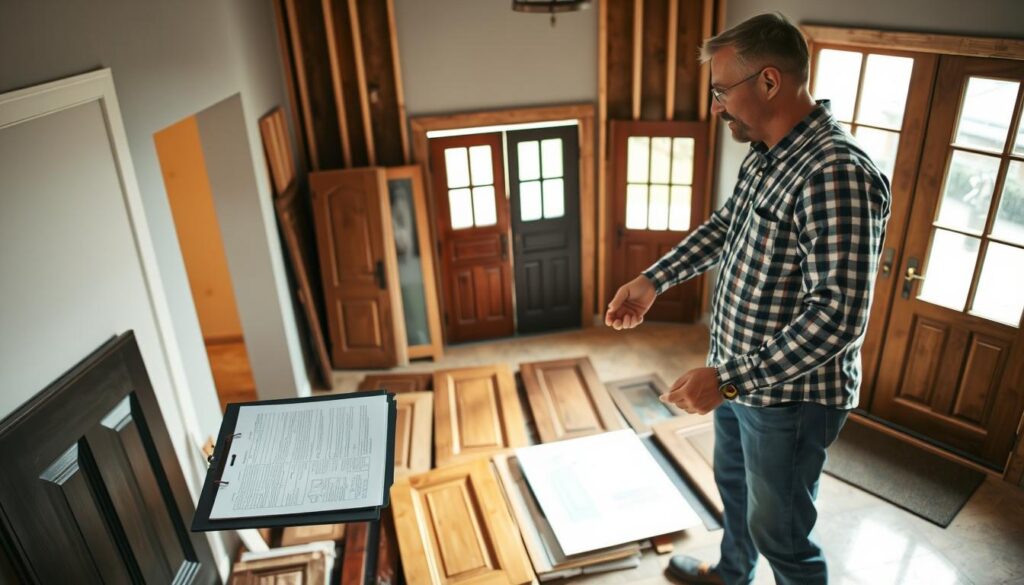 A well-lit, high-angle shot of a busy home renovation scene. In the foreground, a contractor and a homeowner shake hands, discussing detailed door specifications on a clipboard. In the middle ground, a selection of various door styles and materials are displayed, including wood, metal, and glass options. The background shows the partially dismantled entryway, with the old door removed, revealing the framing and wall structure. The lighting is natural, streaming in from large windows, casting a warm, inviting glow. The overall atmosphere conveys a sense of collaboration, planning, and anticipation as the homeowner prepares to make an informed decision on their new entry doors.