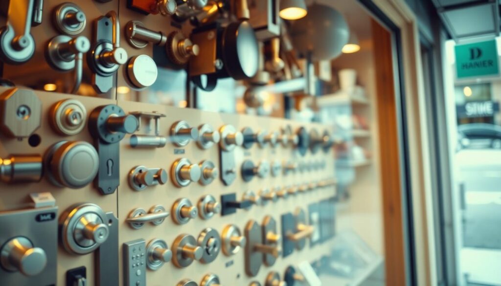 A well-lit, high-angle shot of a hardware store storefront, showcasing a variety of door locks, knobs, and handles displayed in the shop window. The scene has a warm, inviting atmosphere, with soft lighting and a clean, organized layout. The focus is on a specific display of door locks, highlighting their diverse designs, materials, and features. The background blurs slightly, drawing the viewer's attention to the foreground product selection. The overall composition conveys a sense of a professional, trustworthy establishment catering to customers' door hardware needs.