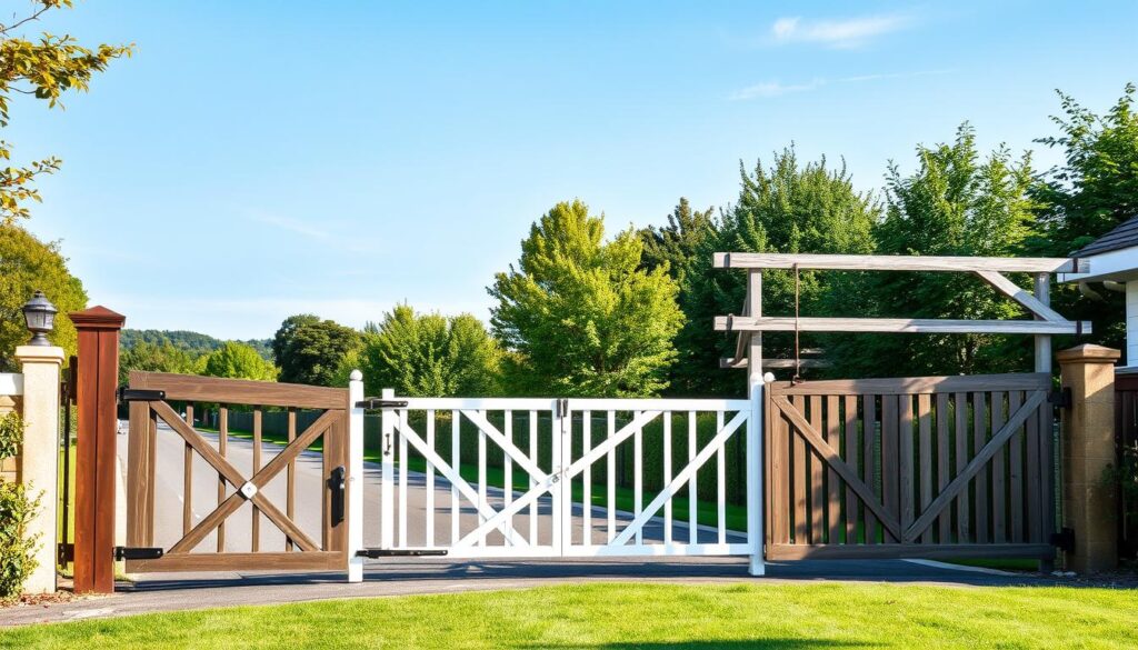 A well-lit, high-angle shot of a variety of traditional and modern gate barrier options for a residential or commercial property. The foreground features several types of gate barriers, including a manual swing gate, an automated sliding gate, and a drop-arm barrier. The middle ground showcases the structural elements and mechanisms of each gate option, highlighting their unique designs and functionalities. The background depicts a suburban or rural setting, with lush greenery and a clear blue sky to create a peaceful, serene atmosphere. The image conveys the range of choices available for securing an access point, inviting the viewer to consider the aesthetic and practical factors in selecting the optimal gate barrier for their needs.