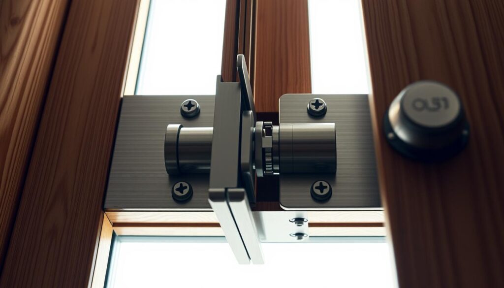 A well-lit, high-angle view of a multi-point locking system for a front door, showcasing its intricate mechanism and sturdy construction. The lock housing is made of brushed metal, with a sleek, modern design. The individual locking points are clearly visible, each with a distinct shape and function. The door frame is made of sturdy wood, providing a natural contrast to the metallic lock. The lighting is soft and diffused, creating a sense of depth and highlighting the various components of the system. The overall scene conveys a sense of reliability, security, and attention to detail, reflecting the importance of proper door adjustment for optimal sealing and user comfort.