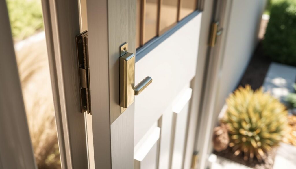 A well-lit, high-angle view of a residential front door, with the door frame and exterior wall in focus. The door hinges, latch, and weather stripping are clearly visible, showcasing the adjustable components that can be fine-tuned for optimal performance. The surrounding landscaping is blurred, directing the viewer's attention to the door and its mechanical elements. The lighting is natural, creating soft shadows and highlights that emphasize the door's texture and structure. The overall mood is one of informative clarity, inviting the viewer to understand the adjustment process for improving the door's security and insulation. A well-lit, high-angle view of a residential front door, with the door frame and exterior wall in focus. The door hinges, latch, and weather stripping are clearly visible, showcasing the adjustable components that can be fine-tuned for optimal performance. The surrounding landscaping is blurred, directing the viewer's attention to the door and its mechanical elements. The lighting is natural, creating soft shadows and highlights that emphasize the door's texture and structure. The overall mood is one of informative clarity, inviting the viewer to understand the adjustment process for improving the door's security and insulation.