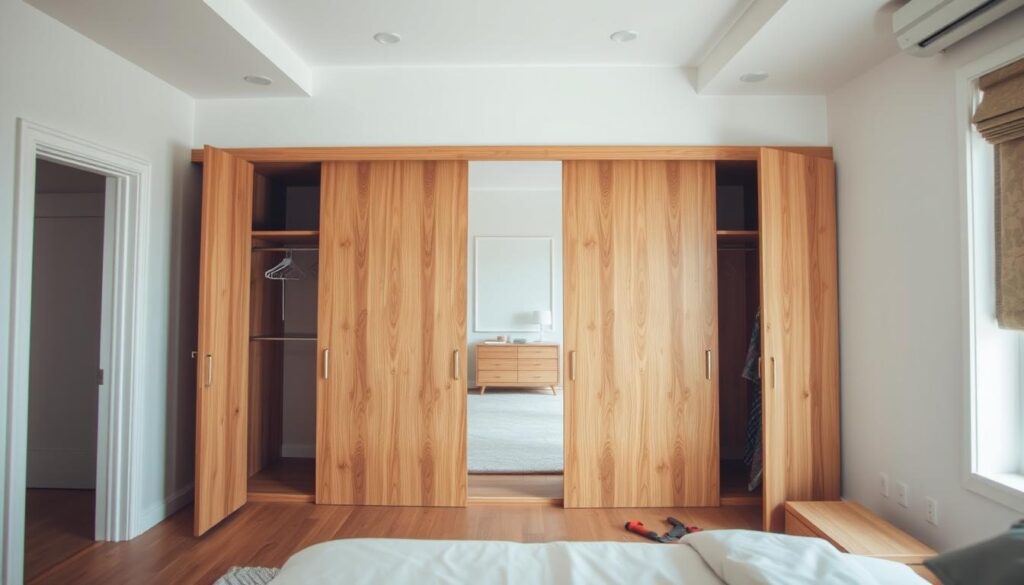 A well-lit, high-angle view of a spacious bedroom interior with a wooden wardrobe in the foreground. The wardrobe's doors are open, revealing the process of installing sliding doors, with tools and hardware visible. The room has clean, minimalist decor, with natural lighting filtering in through large windows. The scene conveys a sense of organization and attention to detail, focusing on the installation steps for the sliding wardrobe doors. A well-lit, high-angle view of a spacious bedroom interior with a wooden wardrobe in the foreground. The wardrobe's doors are open, revealing the process of installing sliding doors, with tools and hardware visible. The room has clean, minimalist decor, with natural lighting filtering in through large windows. The scene conveys a sense of organization and attention to detail, focusing on the installation steps for the sliding wardrobe doors.