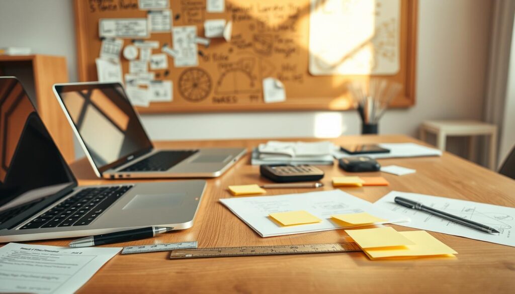 A well-lit, high-quality photograph of a wooden office desk with various project planning materials neatly arranged. On the desk, there is a laptop, a pen and paper, a ruler, a calculator, and sticky notes. In the background, a corkboard with handwritten notes, sketches, and diagrams is visible, suggesting the active planning process. The lighting is soft and natural, creating a warm, focused atmosphere. The overall scene conveys a sense of organization, attention to detail, and a methodical approach to project planning.