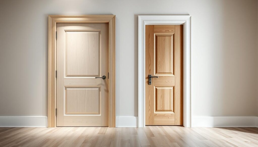 A well-lit, high-quality photograph showcasing the key differences between flush-fit (przylgowe) and reveal-edge (bezprzylgowe) doors. The foreground features a flush-fit door with a seamless, uninterrupted surface, contrasted by a reveal-edge door revealing its frame in the middle ground. The background provides context, such as a neutral interior setting, to highlight the distinct visual characteristics of these two door types. The lighting is crisp and evenly distributed, allowing the textures and details of the door materials to be clearly depicted. The camera angle is positioned to provide an eye-level, slightly elevated perspective, emphasizing the architectural elements. The overall mood is one of clarity and technical focus, suitable for an informative illustration.