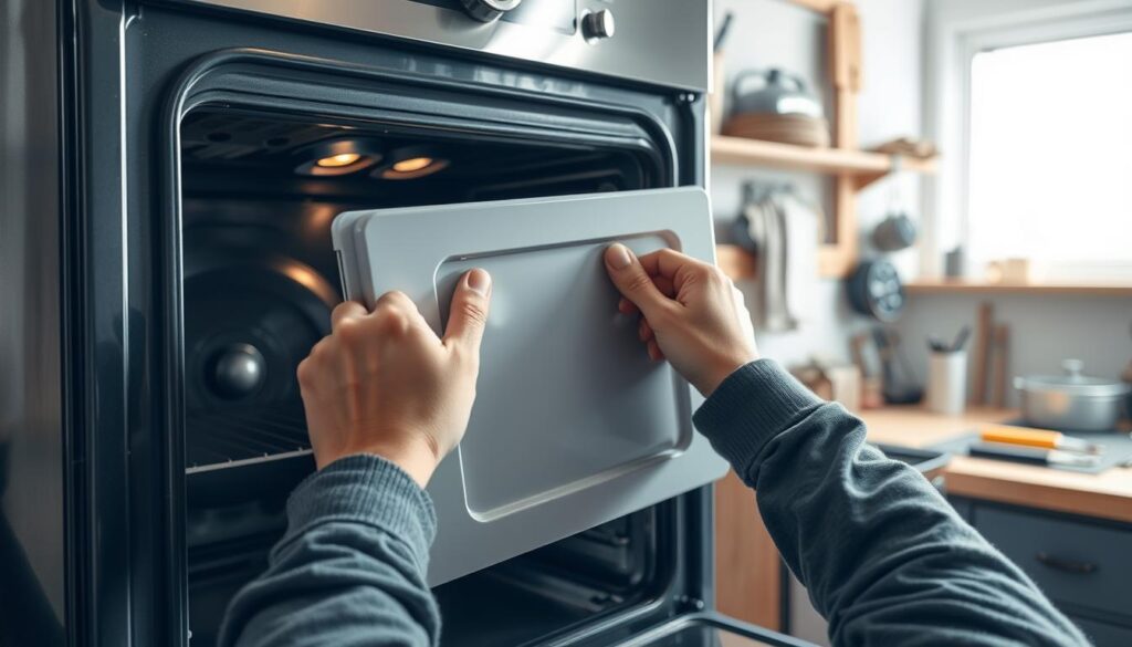 A well-lit, high-resolution image of a person meticulously reattaching a disassembled oven door, focusing on the precise placement and alignment of the hinges and door frame. The scene features a clean, organized workshop environment with tools and materials neatly arranged, conveying a sense of care and attention to detail. The person's hands and expressions demonstrate a careful, thoughtful approach to the task, ensuring a seamless and secure reassembly of the oven door. The image should emphasize the importance of proper techniques for reattaching oven doors without risk of damage, in support of the article's guidance on the subject.
