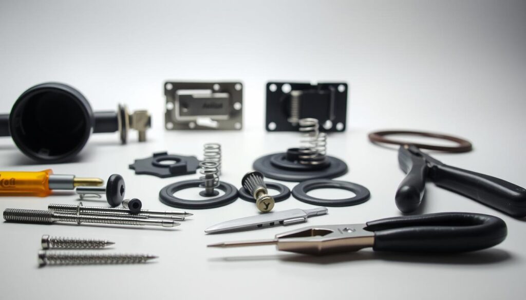 A well-lit image showcasing an assortment of tools and accessories for disassembling the Amica oven door. In the foreground, a set of precision screwdrivers, pliers, and a putty knife arranged neatly on a clean surface. In the middle ground, the partially disassembled oven door components, including hinges, springs, and gaskets. The background features a clean, minimalist setting, emphasizing the functionality and importance of these tools for the task at hand. Soft, directional lighting illuminates the scene, creating a sense of professionalism and attention to detail. The overall composition conveys the message of a comprehensive, step-by-step guide for safely removing the Amica oven door.