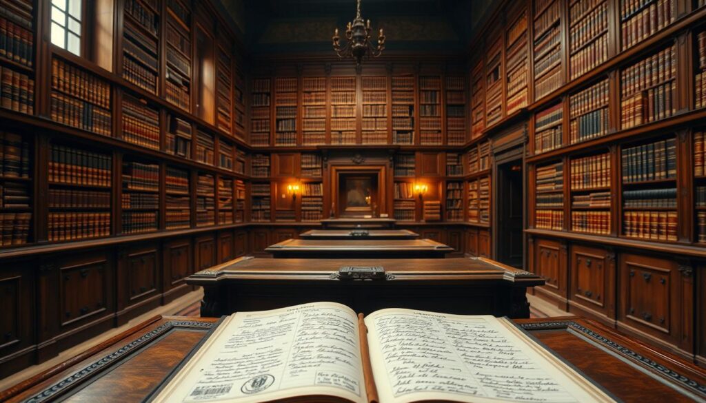 A well-lit interior of a historical government office, with an ornate wooden desk and a large, open leather-bound book on it. The book's pages are filled with handwritten text and official stamps, representing the official land registry records known as "księgi wieczyste" (land and property registers). The desk is surrounded by rows of tall, wooden shelves filled with similar books, conveying a sense of the extensive documentation and record-keeping involved in tracking property ownership. The lighting is warm and inviting, creating a professional and authoritative atmosphere suitable for the important task of researching property ownership.