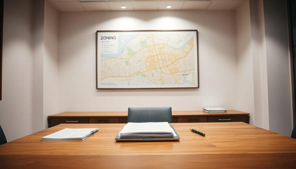 A well-lit interior office space, with a large wooden desk at the center. On the desk, a laptop computer, a stack of documents, and a pen. The wall behind the desk displays a framed map of the local area, suggesting the focus on urban planning. Soft, directional lighting illuminates the scene, creating a professional and authoritative atmosphere. The angle is slightly elevated, giving the viewer a sense of oversight and decision-making. The overall mood is one of focused attention, as if the viewer is about to review and assess the details of a zoning plan.