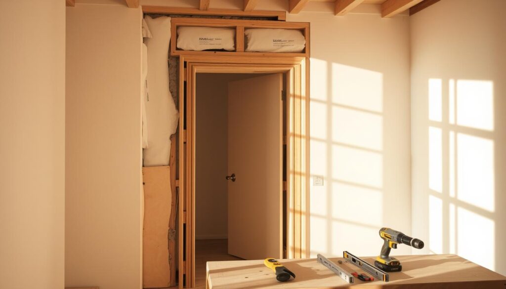 A well-lit room with a doorway in the center, the frame partially disassembled to reveal the underlying structure. Wooden beams, drywall, and insulation materials are visible, showcasing the preparation process for the door installation. The room is bathed in warm, natural light, casting shadows that add depth and dimension to the scene. The tools used for the task, such as a saw, drill, and level, are neatly arranged on a workbench, suggesting a methodical and organized approach. The overall atmosphere conveys a sense of focused task completion, with the goal of ensuring a proper fit for the new door. A well-lit room with a doorway in the center, the frame partially disassembled to reveal the underlying structure. Wooden beams, drywall, and insulation materials are visible, showcasing the preparation process for the door installation. The room is bathed in warm, natural light, casting shadows that add depth and dimension to the scene. The tools used for the task, such as a saw, drill, and level, are neatly arranged on a workbench, suggesting a methodical and organized approach. The overall atmosphere conveys a sense of focused task completion, with the goal of ensuring a proper fit for the new door.