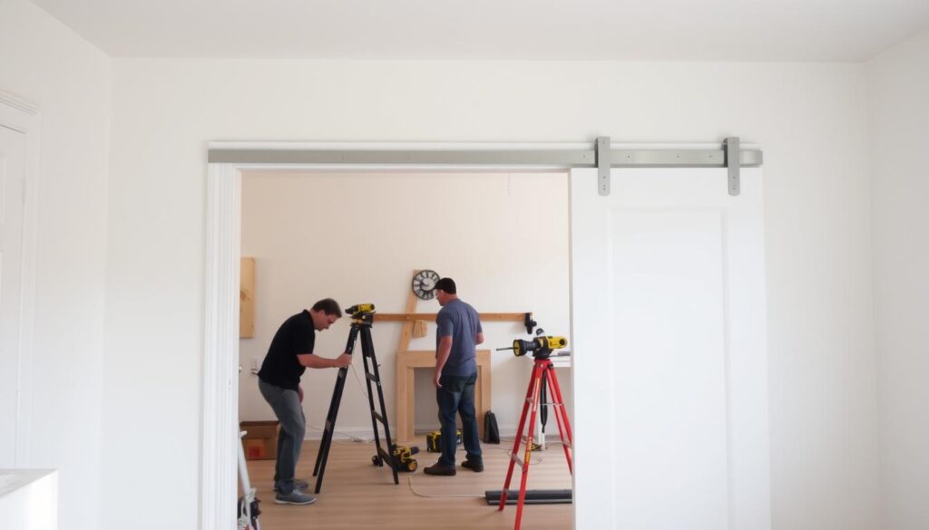 A well-lit room with a focus on the installation process of sliding doors. The foreground features a detailed view of the door frame and rail system, with the sliding door partially open, showcasing the smooth gliding mechanism. The middle ground depicts the step-by-step process of mounting the door, including the use of a spirit level and power tools. The background subtly hints at the rest of the room, providing context while maintaining the emphasis on the installation procedure. The overall scene conveys a sense of precision, functionality, and a practical approach to space-saving solutions. A well-lit room with a focus on the installation process of sliding doors. The foreground features a detailed view of the door frame and rail system, with the sliding door partially open, showcasing the smooth gliding mechanism. The middle ground depicts the step-by-step process of mounting the door, including the use of a spirit level and power tools. The background subtly hints at the rest of the room, providing context while maintaining the emphasis on the installation procedure. The overall scene conveys a sense of precision, functionality, and a practical approach to space-saving solutions.