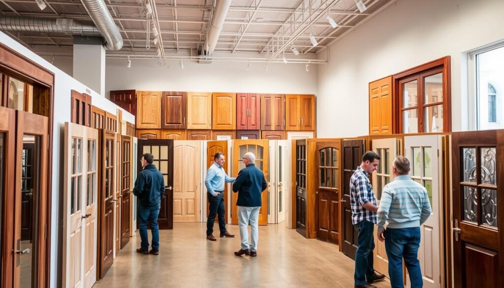 A well-lit showroom displaying a variety of high-quality interior doors, with wooden and glass options in various styles and finishes. Customers browse through the selection, examining the craftsmanship and considering the options that best suit their home's decor. The scene conveys a sense of professionalism and expertise, suggesting a trusted source for purchasing interior doors, whether from a local retailer, manufacturer, or online store. A well-lit showroom displaying a variety of high-quality interior doors, with wooden and glass options in various styles and finishes. Customers browse through the selection, examining the craftsmanship and considering the options that best suit their home's decor. The scene conveys a sense of professionalism and expertise, suggesting a trusted source for purchasing interior doors, whether from a local retailer, manufacturer, or online store.