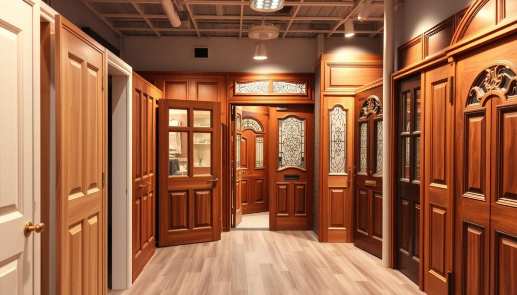 A well-lit, vibrant showroom displaying a diverse array of high-quality wooden doors in various styles and finishes. The foreground features a selection of modern, sleek interior doors with clean lines and minimalist hardware. The middle ground showcases a range of classic, ornate exterior doors with intricate carvings and decorative glass panels. The background fades into a soft, blurred view of the store's exterior, hinting at the broader selection available. The lighting is warm and inviting, creating a welcoming atmosphere that encourages the viewer to explore the options and find the perfect door for their needs.