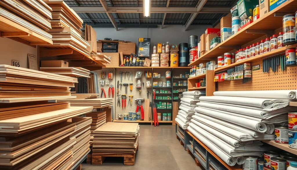 A well-lit, wide-angle shot of a hardware store shelves stocked with a variety of affordable building materials. The foreground features neatly stacked piles of plywood, drywall panels, and rolls of insulation. In the middle ground, rows of basic tools and fasteners are organized on pegboards. The background showcases a selection of economical paint cans, sealants, and other essential home improvement supplies. The overall scene conveys a sense of practicality and accessibility, inviting the viewer to envision inexpensive ways to spruce up a cozy country cabin or backyard shed. A well-lit, wide-angle shot of a hardware store shelves stocked with a variety of affordable building materials. The foreground features neatly stacked piles of plywood, drywall panels, and rolls of insulation. In the middle ground, rows of basic tools and fasteners are organized on pegboards. The background showcases a selection of economical paint cans, sealants, and other essential home improvement supplies. The overall scene conveys a sense of practicality and accessibility, inviting the viewer to envision inexpensive ways to spruce up a cozy country cabin or backyard shed.