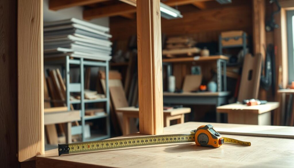 A well-lit workshop interior, the camera focused on a measuring tape, protractor, and other tools neatly arranged on a workbench. In the foreground, a partially open door frame, the wood grain visible, casts a warm glow. In the background, shelves holding building materials and a workbench with various tools suggest a professional, experienced environment. The lighting is soft and natural, creating a sense of precision and care. The overall scene conveys the importance of accurate measurement and attention to detail when installing a door frame.