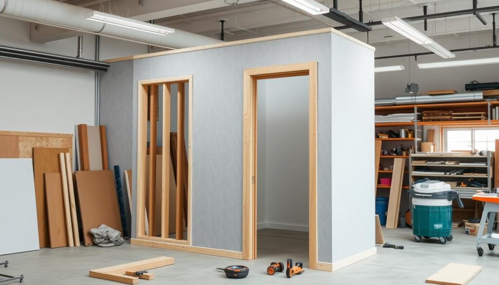 A well-lit workshop interior with a partially constructed partition wall in the foreground, featuring a wooden door frame and various tools and materials neatly arranged nearby. The wall is in the process of being assembled, with drywall panels, wood studs, and other building supplies visible. The scene conveys a sense of preparation and organization, with a focus on the necessary components for installing a partition wall with a door. The lighting is bright and diffuse, creating a clean, professional atmosphere. The overall composition highlights the step-by-step nature of the construction process.