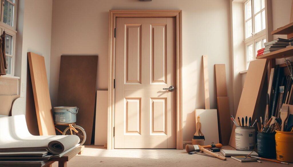A well-lit workshop interior with a wooden door standing in the center, ready for preparation. The door's surface is in a neutral, unfinished state, awaiting sanding and priming. Nearby, an assortment of sandpaper, paint brushes, and other painting tools are neatly arranged, hinting at the steps to come. The room's warm, natural lighting casts a soft glow, creating an atmosphere of focused, methodical work. The angle and perspective showcase the door as the central focus, emphasizing the importance of proper preparation before the final painting process. A well-lit workshop interior with a wooden door standing in the center, ready for preparation. The door's surface is in a neutral, unfinished state, awaiting sanding and priming. Nearby, an assortment of sandpaper, paint brushes, and other painting tools are neatly arranged, hinting at the steps to come. The room's warm, natural lighting casts a soft glow, creating an atmosphere of focused, methodical work. The angle and perspective showcase the door as the central focus, emphasizing the importance of proper preparation before the final painting process.
