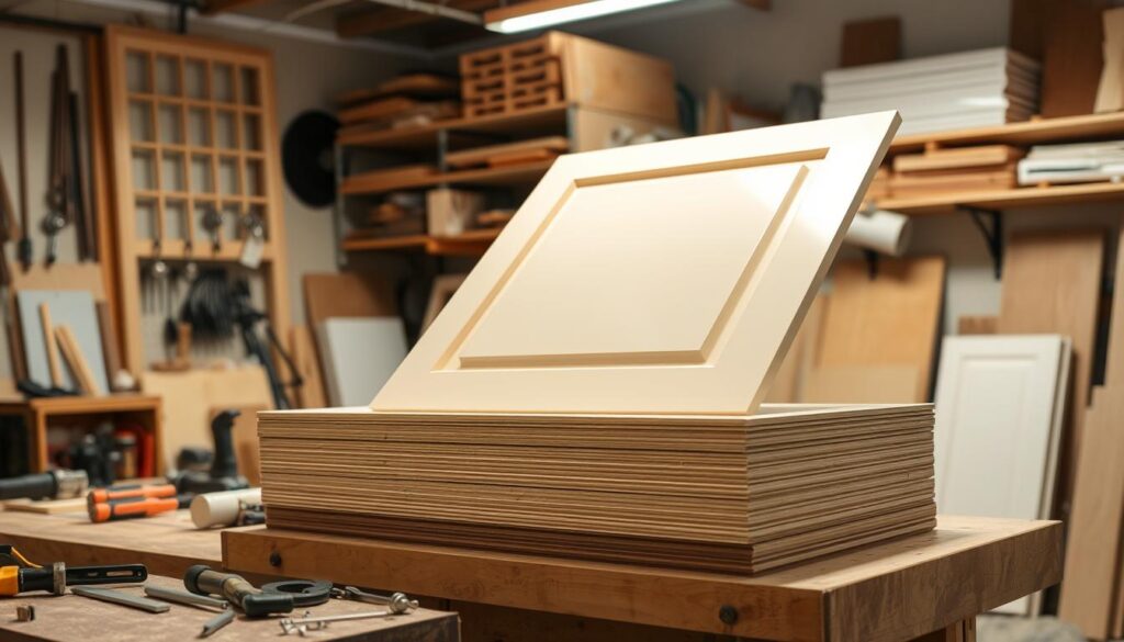 A well-lit workshop interior, with a workbench in the foreground displaying various woodworking tools and supplies. In the middle ground, a stack of sleek, light-colored particleboard panels - the raw materials for custom cabinet doors. The background features shelves and racks filled with additional panels, hardware, and other materials needed for the door-building process. Warm, diffused lighting casts gentle shadows, emphasizing the smooth, uniform texture of the panels. An atmosphere of focused preparation and attention to detail pervades the scene, reflecting the care and precision required for the upcoming project.