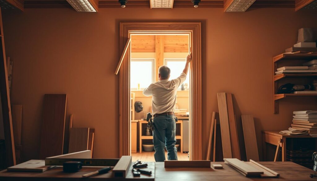 A well-lit workshop interior, with an open doorway in the middle foreground. A person in work clothes carefully positions a wooden interior door frame, aligning it precisely against the wall frame. Tools and materials, such as a level, screwdriver, and wood shims, are neatly arranged nearby. Warm, directional lighting casts shadows that accentuate the textures of the wood and the focus on the installation process. The background features shelves with various home improvement items, hinting at the broader context of a DIY home project. The overall atmosphere conveys a sense of concentration, care, and the satisfaction of a job well done. A well-lit workshop interior, with an open doorway in the middle foreground. A person in work clothes carefully positions a wooden interior door frame, aligning it precisely against the wall frame. Tools and materials, such as a level, screwdriver, and wood shims, are neatly arranged nearby. Warm, directional lighting casts shadows that accentuate the textures of the wood and the focus on the installation process. The background features shelves with various home improvement items, hinting at the broader context of a DIY home project. The overall atmosphere conveys a sense of concentration, care, and the satisfaction of a job well done.