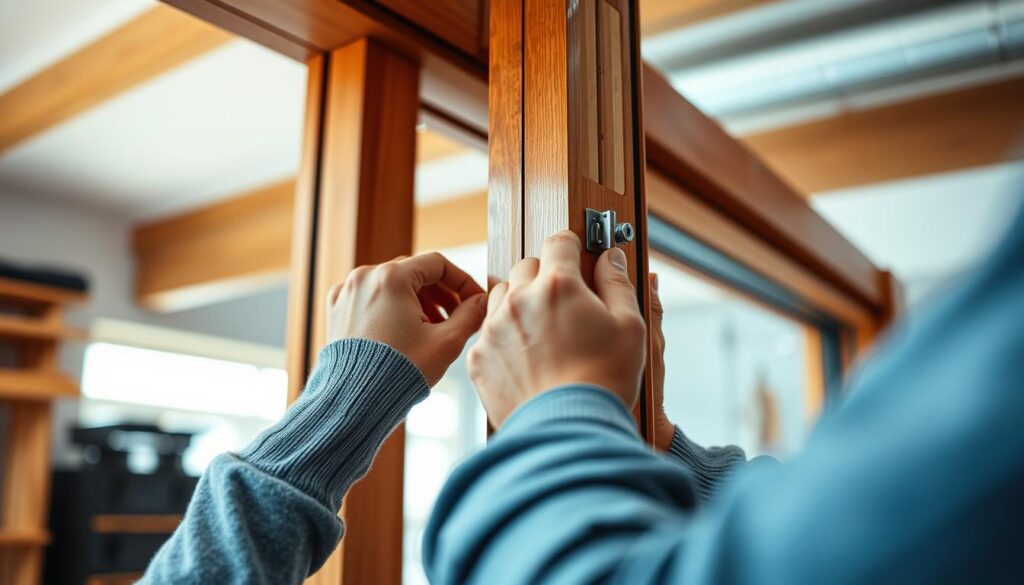 A well-lit workshop setting, with a close-up view of a pair of hands adjusting the mechanisms of a balcony door. The door frame is made of high-quality wood, with a sleek, modern design. The hands are delicately turning screws and adjusting hinges, demonstrating the step-by-step process of balcony door regulation. The background is blurred, with a sense of focus and attention on the precise, technical work being performed. The lighting is soft and natural, creating a warm, inviting atmosphere, perfect for illustrating a step-by-step guide on balcony door adjustment.