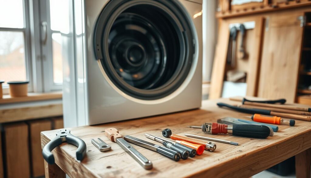 A well-lit workshop setting with a selection of safe, common household tools arranged neatly on a sturdy wooden workbench. Pliers, screwdrivers, and a pry bar lie alongside a carefully disassembled washing machine door, showcasing the internal mechanisms. The scene has a sense of precision and care, conveying the importance of using the right tools and techniques to properly access and troubleshoot the appliance. Soft, natural lighting filters in through large windows, creating a warm, inviting atmosphere that encourages a meticulous, problem-solving approach. A well-lit workshop setting with a selection of safe, common household tools arranged neatly on a sturdy wooden workbench. Pliers, screwdrivers, and a pry bar lie alongside a carefully disassembled washing machine door, showcasing the internal mechanisms. The scene has a sense of precision and care, conveying the importance of using the right tools and techniques to properly access and troubleshoot the appliance. Soft, natural lighting filters in through large windows, creating a warm, inviting atmosphere that encourages a meticulous, problem-solving approach.