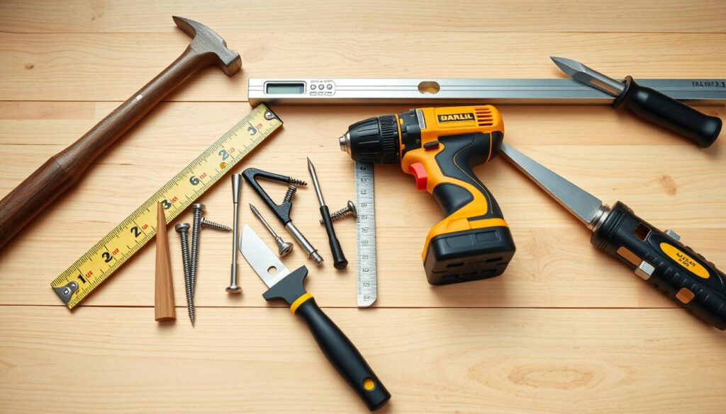 A well-organized arrangement of tools for door installation, including a hammer, screwdriver set, drill, level, tape measure, and chisel, all placed on a clean wooden surface with soft, even lighting. The tools are carefully positioned to showcase their functionality and diverse applications in the door mounting process. The overall scene exudes a sense of professionalism and attention to detail, reflecting the expertise required for a successful door installation. A well-organized arrangement of tools for door installation, including a hammer, screwdriver set, drill, level, tape measure, and chisel, all placed on a clean wooden surface with soft, even lighting. The tools are carefully positioned to showcase their functionality and diverse applications in the door mounting process. The overall scene exudes a sense of professionalism and attention to detail, reflecting the expertise required for a successful door installation.