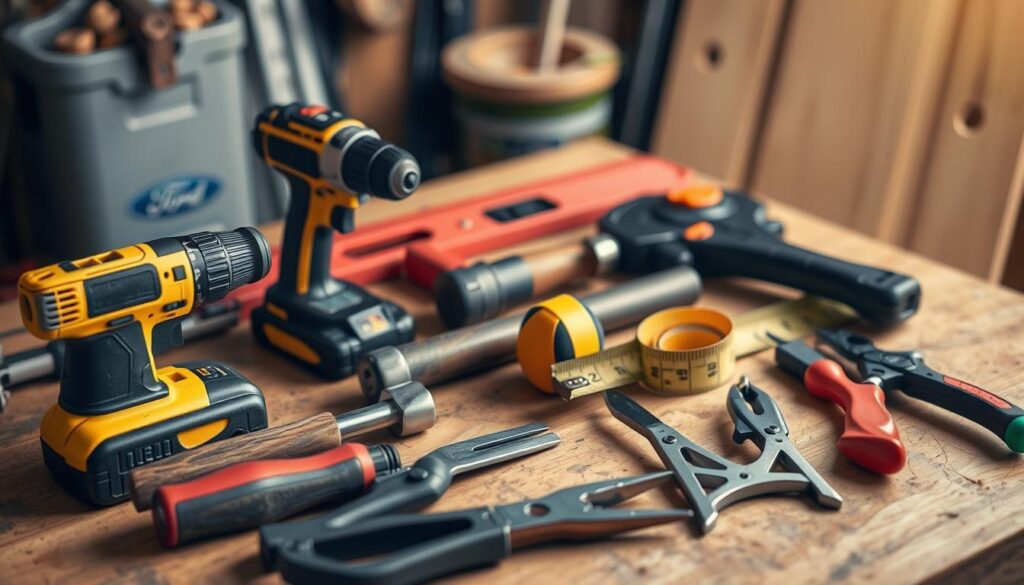 A well-organized workbench with an assortment of essential tools for installing exterior doors: a cordless drill, a hammer, a chisel, a level, a tape measure, pliers, and a screwdriver set. The tools are neatly arranged, creating a tidy and professional appearance. The lighting is soft and warm, casting a subtle glow on the scene, hinting at the care and attention required for a successful door installation. The background is blurred, keeping the focus on the task-oriented tools and conveying a sense of purpose and preparation. A well-organized workbench with an assortment of essential tools for installing exterior doors: a cordless drill, a hammer, a chisel, a level, a tape measure, pliers, and a screwdriver set. The tools are neatly arranged, creating a tidy and professional appearance. The lighting is soft and warm, casting a subtle glow on the scene, hinting at the care and attention required for a successful door installation. The background is blurred, keeping the focus on the task-oriented tools and conveying a sense of purpose and preparation.