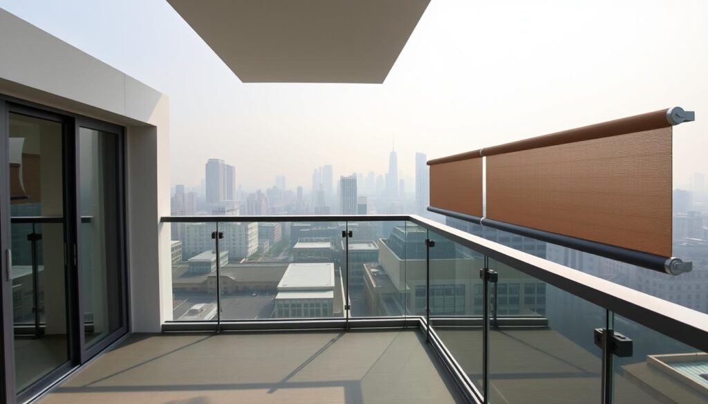 A wide-angle view of a modern balcony with sleek, low-profile exterior roller shades installed. The shades are made of durable, weather-resistant material in a neutral, muted tone that complements the contemporary architecture. Gentle afternoon sunlight filters through the partially closed shades, casting soft shadows across the balcony floor. The shades are mounted discreetly along the top edge of the railing, keeping the overall aesthetic clean and uncluttered. The balcony is set against a backdrop of a city skyline, with high-rise buildings and a hazy, atmospheric sky visible in the distance.