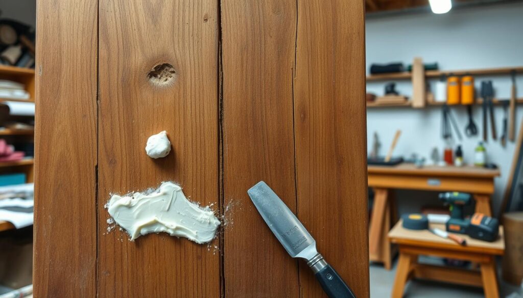 A worn, wooden door panel with visible dents and holes, set against a backdrop of a well-lit, organized workshop. The foreground showcases the repair process, with putty or filler being applied to the damaged areas, smoothed out with a putty knife. The middle ground features various carpentry tools, such as sandpaper, a power sander, and a hammer, signifying the preparation stage. The background subtly depicts a workbench, shelves, and other workshop elements, creating a sense of a functional, DIY environment. The overall mood is one of focused, methodical restoration, conveying the expertise and care required to rejuvenate an old, weathered door.