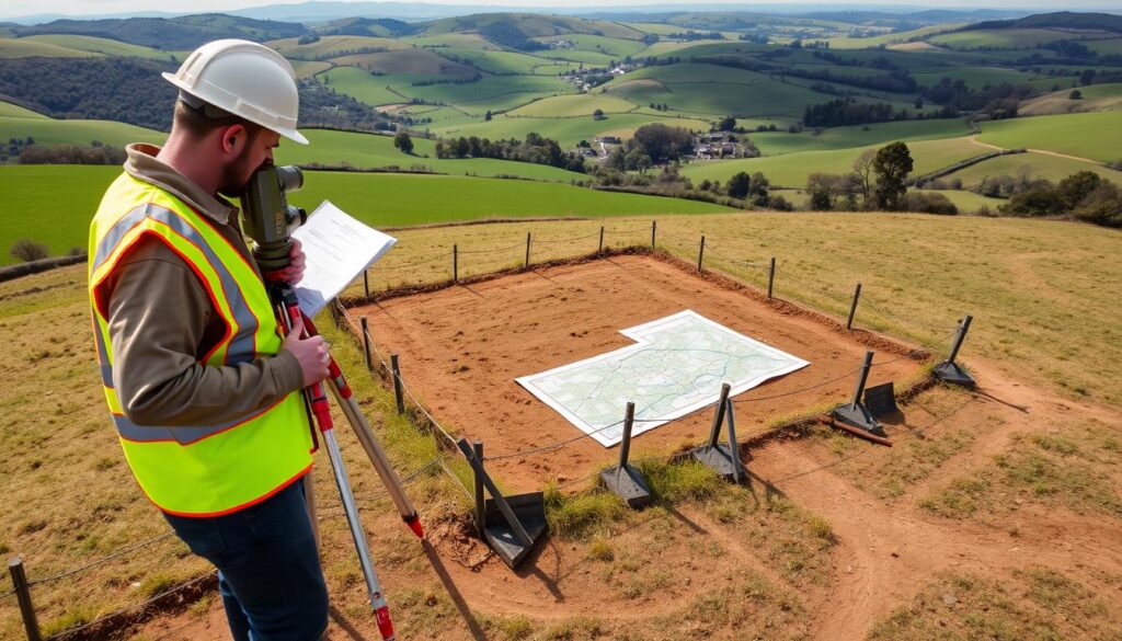 An aerial view of a rural landscape, with rolling hills and lush green fields in the background. In the foreground, a surveyor's tripod stands on a plot of land, surrounded by a fence delineating the property boundaries. The surveyor, dressed in a reflective vest and hard hat, examines a topographic map, carefully studying the contours and markers that define the parcel's edges. The scene conveys a sense of precision and diligence, as the surveyor meticulously verifies the legal boundaries of the land, ensuring that the property lines are accurately maintained. An aerial view of a rural landscape, with rolling hills and lush green fields in the background. In the foreground, a surveyor's tripod stands on a plot of land, surrounded by a fence delineating the property boundaries. The surveyor, dressed in a reflective vest and hard hat, examines a topographic map, carefully studying the contours and markers that define the parcel's edges. The scene conveys a sense of precision and diligence, as the surveyor meticulously verifies the legal boundaries of the land, ensuring that the property lines are accurately maintained.