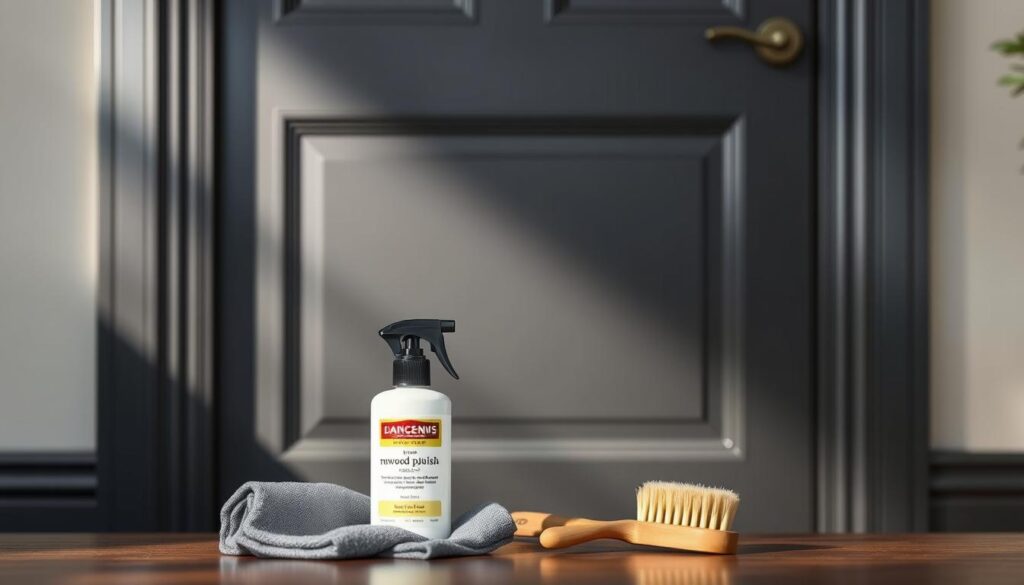 An elegant charcoal grey door, its sleek anthracite surface glistening under a soft, diffused lighting. The door frame is framed by a crisp, minimalist architectural molding, casting subtle shadows. In the foreground, a selection of cleaning products - a microfiber cloth, a gentle wood polish, and a small brush - are neatly arranged, ready to restore the door's lustrous finish. The background is blurred, allowing the focus to remain on the door and the maintenance tools. The scene conveys a sense of care and attention to detail, promising to preserve the door's sophisticated appearance for years to come.