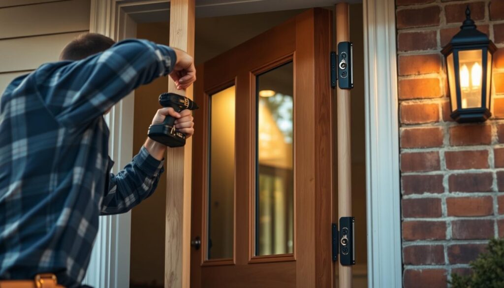 An exterior door installation scene with a homeowner meticulously mounting a new wooden door frame into the entryway. The foreground shows the installer carefully aligning the hinges and securing the frame with a power drill. The middle ground depicts the door itself, with its sturdy construction and weatherproofing features visible. The background showcases the home's exterior, featuring brick or siding that complements the new door. Soft, natural lighting illuminates the scene, creating a warm and inviting atmosphere. The overall composition conveys the care and attention to detail required to properly install an exterior door that ensures security and energy efficiency. An exterior door installation scene with a homeowner meticulously mounting a new wooden door frame into the entryway. The foreground shows the installer carefully aligning the hinges and securing the frame with a power drill. The middle ground depicts the door itself, with its sturdy construction and weatherproofing features visible. The background showcases the home's exterior, featuring brick or siding that complements the new door. Soft, natural lighting illuminates the scene, creating a warm and inviting atmosphere. The overall composition conveys the care and attention to detail required to properly install an exterior door that ensures security and energy efficiency.