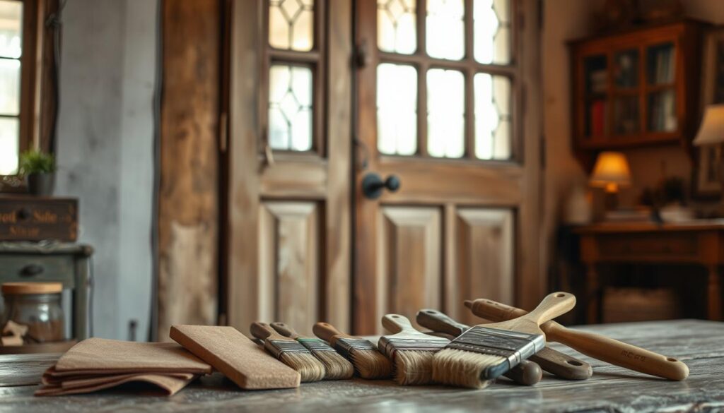 An old wooden door with a weathered finish and intricate glass panes, illuminated by soft, natural lighting from a nearby window. The door's frame is slightly worn, with subtle cracks and discoloration. In the foreground, a selection of sandpaper, wood stain, and varnish brushes are neatly arranged, hinting at the restoration process. The background features a cozy, rustic interior, with hints of aged furniture and decor, creating a warm and inviting atmosphere. The composition emphasizes the door's unique character and the care required to revive its timeless beauty. An old wooden door with a weathered finish and intricate glass panes, illuminated by soft, natural lighting from a nearby window. The door's frame is slightly worn, with subtle cracks and discoloration. In the foreground, a selection of sandpaper, wood stain, and varnish brushes are neatly arranged, hinting at the restoration process. The background features a cozy, rustic interior, with hints of aged furniture and decor, creating a warm and inviting atmosphere. The composition emphasizes the door's unique character and the care required to revive its timeless beauty.