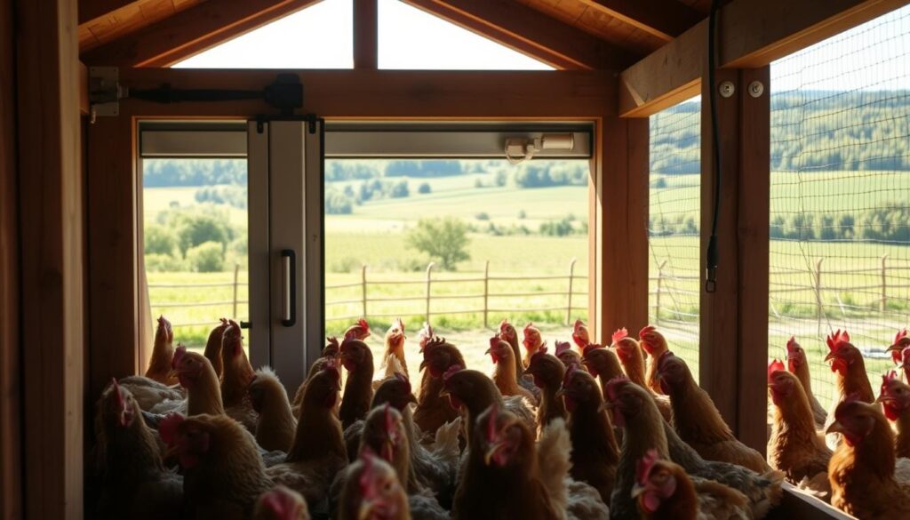 Automatic chicken coop doors, a practical and energy-efficient solution for the modern poultry farmer. In the foreground, a sleek, automated door mechanism, seamlessly integrated into the rustic wooden frame of the coop. Midground, rows of curious hens, their feathers glistening in the soft, natural lighting filtering through the open doorway. In the background, a verdant, sun-dappled countryside, offering a picturesque backdrop to this scene of modern farmstead automation. The overall mood is one of efficiency, innovation, and a harmonious integration of technology with traditional agricultural practices. Crisp, high-resolution imaging captures every intricate detail, from the smooth, reliable operation of the doors to the contented demeanor of the hens, creating a visually compelling representation of the "how-to" subject matter. Automatic chicken coop doors, a practical and energy-efficient solution for the modern poultry farmer. In the foreground, a sleek, automated door mechanism, seamlessly integrated into the rustic wooden frame of the coop. Midground, rows of curious hens, their feathers glistening in the soft, natural lighting filtering through the open doorway. In the background, a verdant, sun-dappled countryside, offering a picturesque backdrop to this scene of modern farmstead automation. The overall mood is one of efficiency, innovation, and a harmonious integration of technology with traditional agricultural practices. Crisp, high-resolution imaging captures every intricate detail, from the smooth, reliable operation of the doors to the contented demeanor of the hens, creating a visually compelling representation of the "how-to" subject matter.