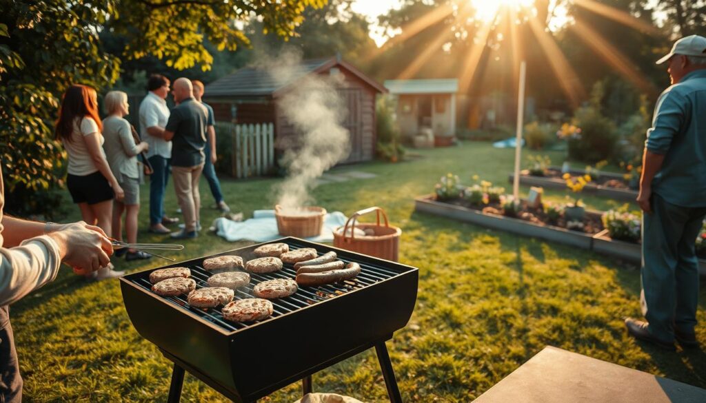 Cozy backyard barbecue scene on a sunny day at an allotment garden. In the foreground, a group of people gathered around a charcoal grill, sizzling burgers and sausages. Picnic blanket and wicker basket in the middle ground, surrounded by lush greenery and flower beds. In the background, a small wooden shed and neatly arranged garden beds. Warm, golden lighting filters through the trees, creating a welcoming atmosphere. Capture the spirit of leisure and community in an allotment setting, showcasing the joys of grilling and relaxing in nature.