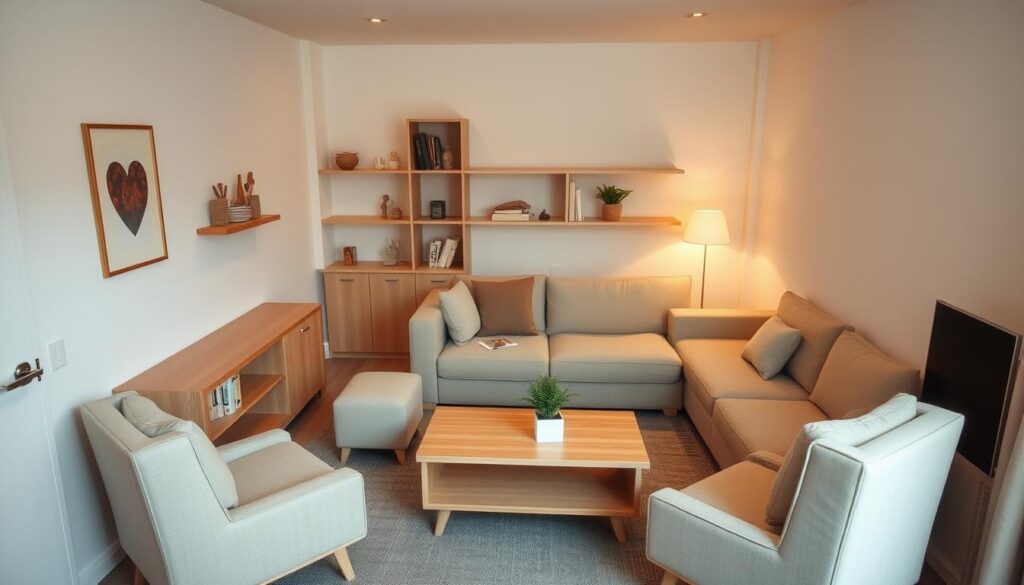 Cozy furniture in a compact room. A warm, inviting living space with minimalist, multifunctional pieces arranged in a harmonious, space-saving layout. Soft lighting casts a gentle glow, highlighting the clean lines and neutral tones of the modular sofa, armchair, and coffee table. Shelves and storage units are neatly integrated, maximizing the available area. The overall atmosphere is one of efficiency, comfort, and style - a perfect fit for a small, well-designed home. Cozy furniture in a compact room. A warm, inviting living space with minimalist, multifunctional pieces arranged in a harmonious, space-saving layout. Soft lighting casts a gentle glow, highlighting the clean lines and neutral tones of the modular sofa, armchair, and coffee table. Shelves and storage units are neatly integrated, maximizing the available area. The overall atmosphere is one of efficiency, comfort, and style - a perfect fit for a small, well-designed home.