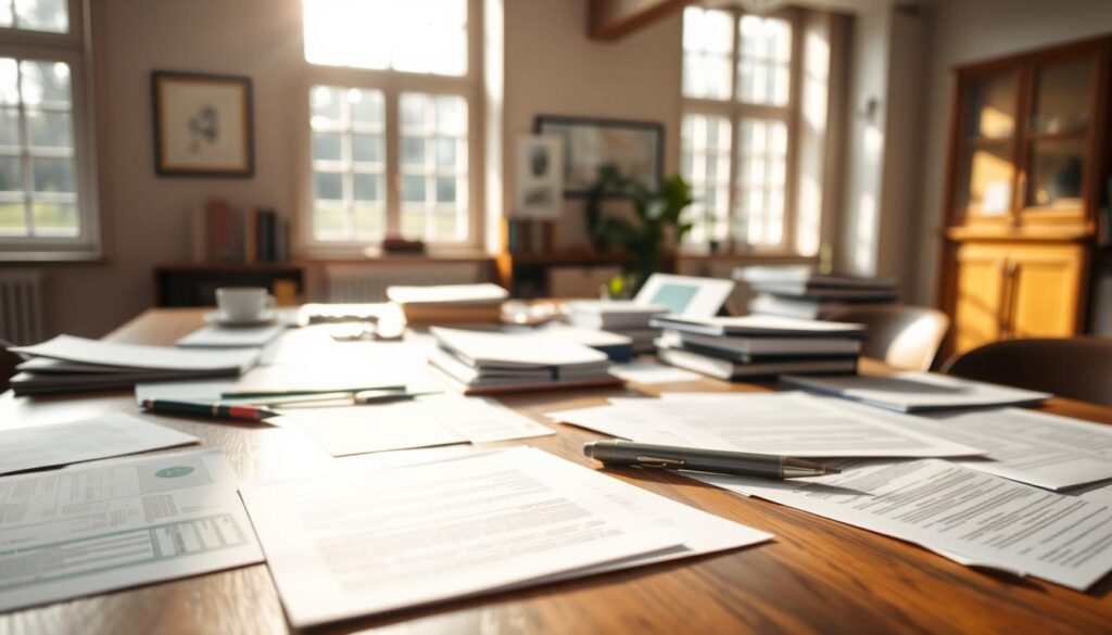 Detailed administrative documents scattered on a wooden table, illuminated by soft natural light filtering through large windows. Various papers, forms, and office supplies create a sense of organized bureaucracy. The scene conveys a thoughtful, professional atmosphere, reflecting the administrative tasks required for a land transaction. The depth of field focuses on the key documents, while the background remains slightly blurred, emphasizing the importance of the paperwork. This image effectively represents the "Dokumenty dodatkowe" section of the article about the necessary formalities for selling a plot of land.