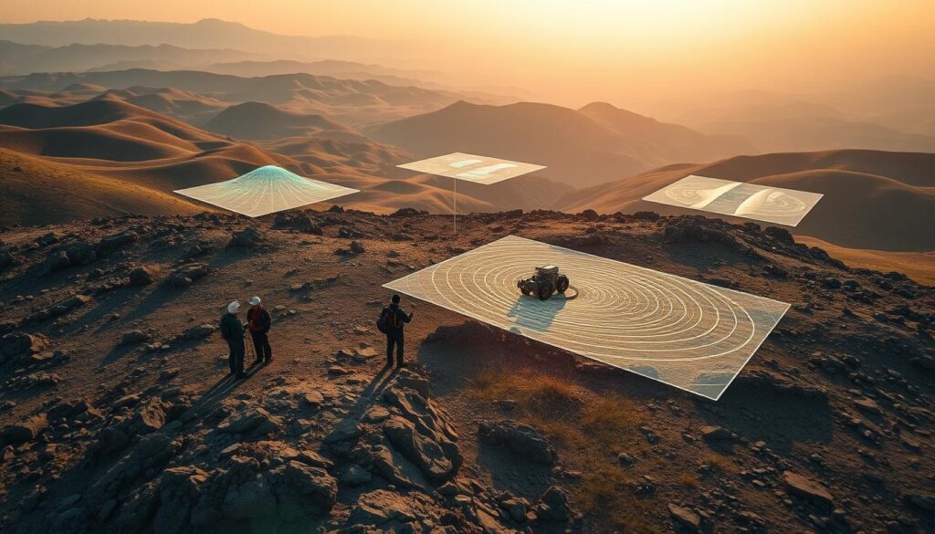 Detailed aerial view of a geological survey team precisely locating and mapping underground aquifer layers. Rugged terrain in the foreground, with survey equipment and geologists conducting measurements. In the middle ground, topographic data and 3D models projected on holographic displays. The background shows rolling hills and a distant mountain range, bathed in warm afternoon sunlight. The scene conveys a sense of scientific exploration and the application of advanced geophysical techniques to discover hidden water resources. Detailed aerial view of a geological survey team precisely locating and mapping underground aquifer layers. Rugged terrain in the foreground, with survey equipment and geologists conducting measurements. In the middle ground, topographic data and 3D models projected on holographic displays. The background shows rolling hills and a distant mountain range, bathed in warm afternoon sunlight. The scene conveys a sense of scientific exploration and the application of advanced geophysical techniques to discover hidden water resources.