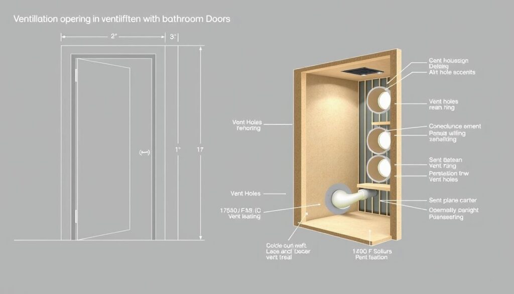Detailed architectural diagram showcasing the placement and design of ventilation openings in bathroom doors, compliant with building regulations. Muted, technical color palette with clean lines and precise measurements. Cutaway view highlighting the inner construction, featuring precise dimensions of vent holes, duct sizes, and airflow patterns. Rendered with realistic lighting and shadows to convey a sense of depth and materiality. Emphasis on functionality and code compliance, without extraneous decorative elements.