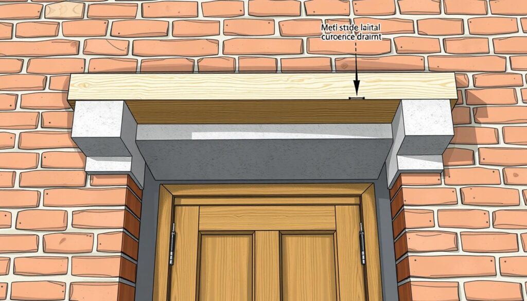 Detailed architectural illustration of a properly constructed lintel or header above a 90 cm wide doorway. Show the wooden or concrete beam securely supported on the masonry wall at each end, with proper reinforcement and spacing. Highlight the precise placement and alignment of the lintel, capturing the fine craftsmanship required. The scene should be well-lit to showcase the structural elements, with a clean, technical aesthetic. Emphasize the importance of correct lintel installation for load-bearing and long-term stability of the doorway. Detailed architectural illustration of a properly constructed lintel or header above a 90 cm wide doorway. Show the wooden or concrete beam securely supported on the masonry wall at each end, with proper reinforcement and spacing. Highlight the precise placement and alignment of the lintel, capturing the fine craftsmanship required. The scene should be well-lit to showcase the structural elements, with a clean, technical aesthetic. Emphasize the importance of correct lintel installation for load-bearing and long-term stability of the doorway.