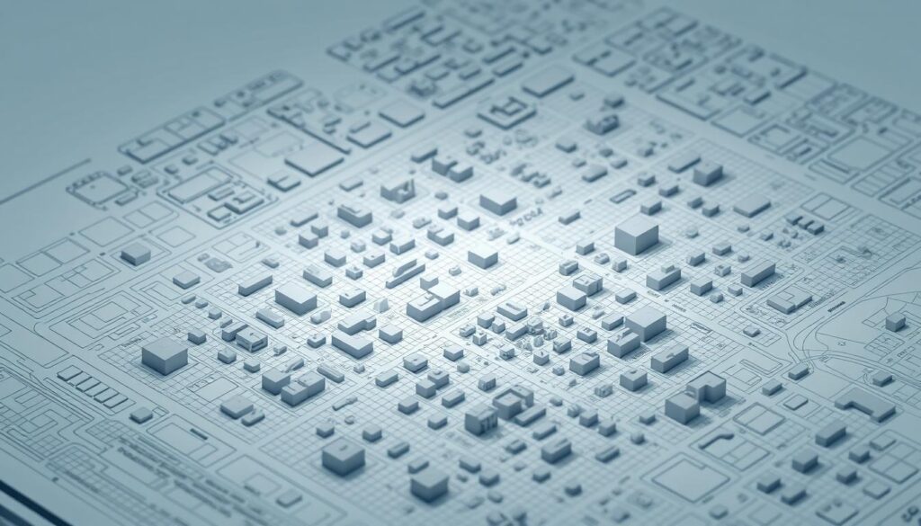 Detailed architectural plan of a city zoning map, showing MPZP (miejscowy plan zagospodarowania przestrzennego) or local spatial development plan. Rendered in a clean, technical style with emphasis on grid-like structures, land parcels, and infrastructure elements. The scene features an isometric or three-quarter view, providing a comprehensive overview. Precise lines, clear color coding, and subtle textures convey a sense of official documentation. Muted, professional palette with shades of blue, gray, and white. Subtle lighting from above casts soft shadows, creating depth and volume. The overall impression is one of an authoritative, informative city planning document. Detailed architectural plan of a city zoning map, showing MPZP (miejscowy plan zagospodarowania przestrzennego) or local spatial development plan. Rendered in a clean, technical style with emphasis on grid-like structures, land parcels, and infrastructure elements. The scene features an isometric or three-quarter view, providing a comprehensive overview. Precise lines, clear color coding, and subtle textures convey a sense of official documentation. Muted, professional palette with shades of blue, gray, and white. Subtle lighting from above casts soft shadows, creating depth and volume. The overall impression is one of an authoritative, informative city planning document.